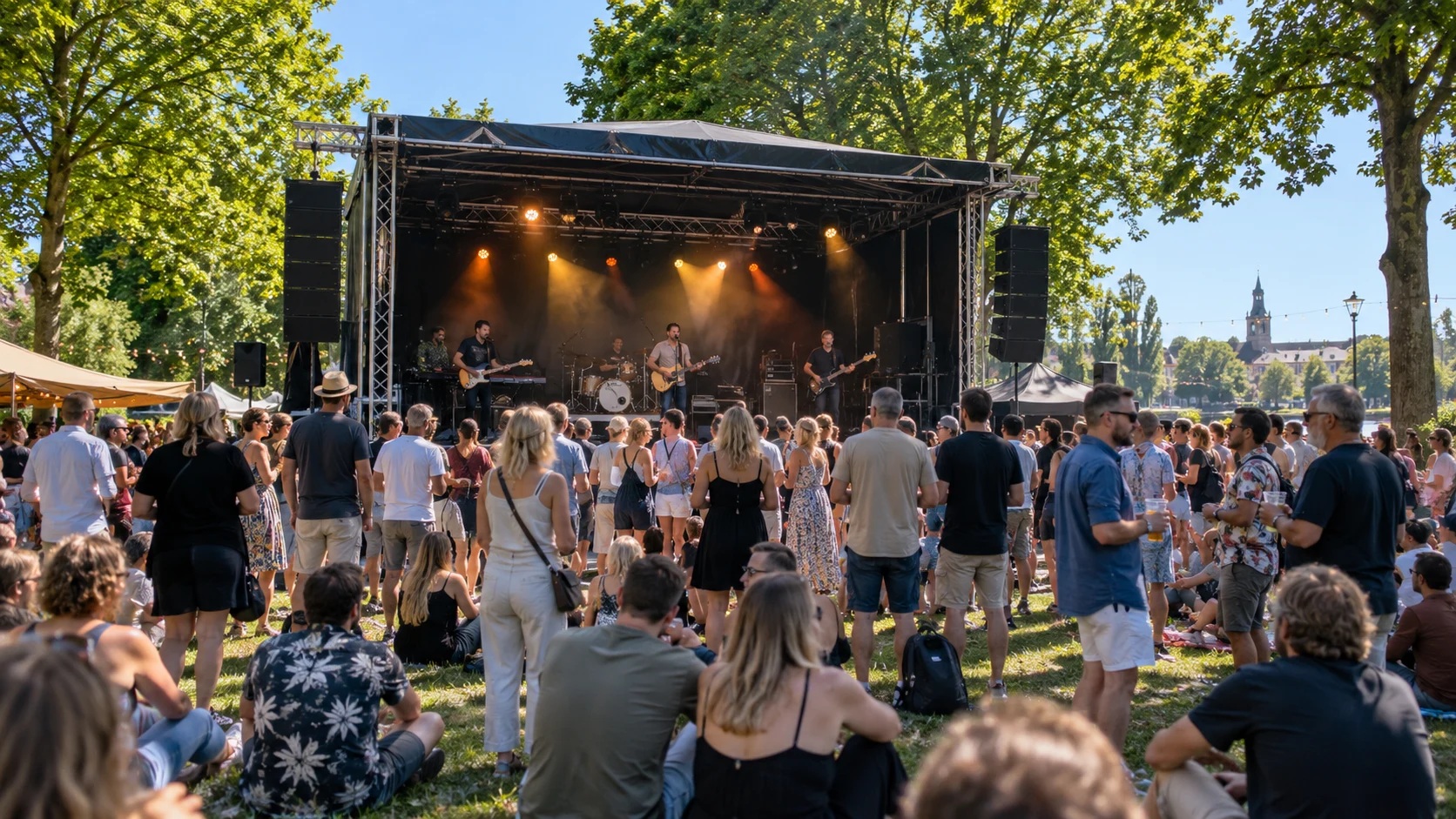 Publiek geniet van een liveband op een buitenpodium